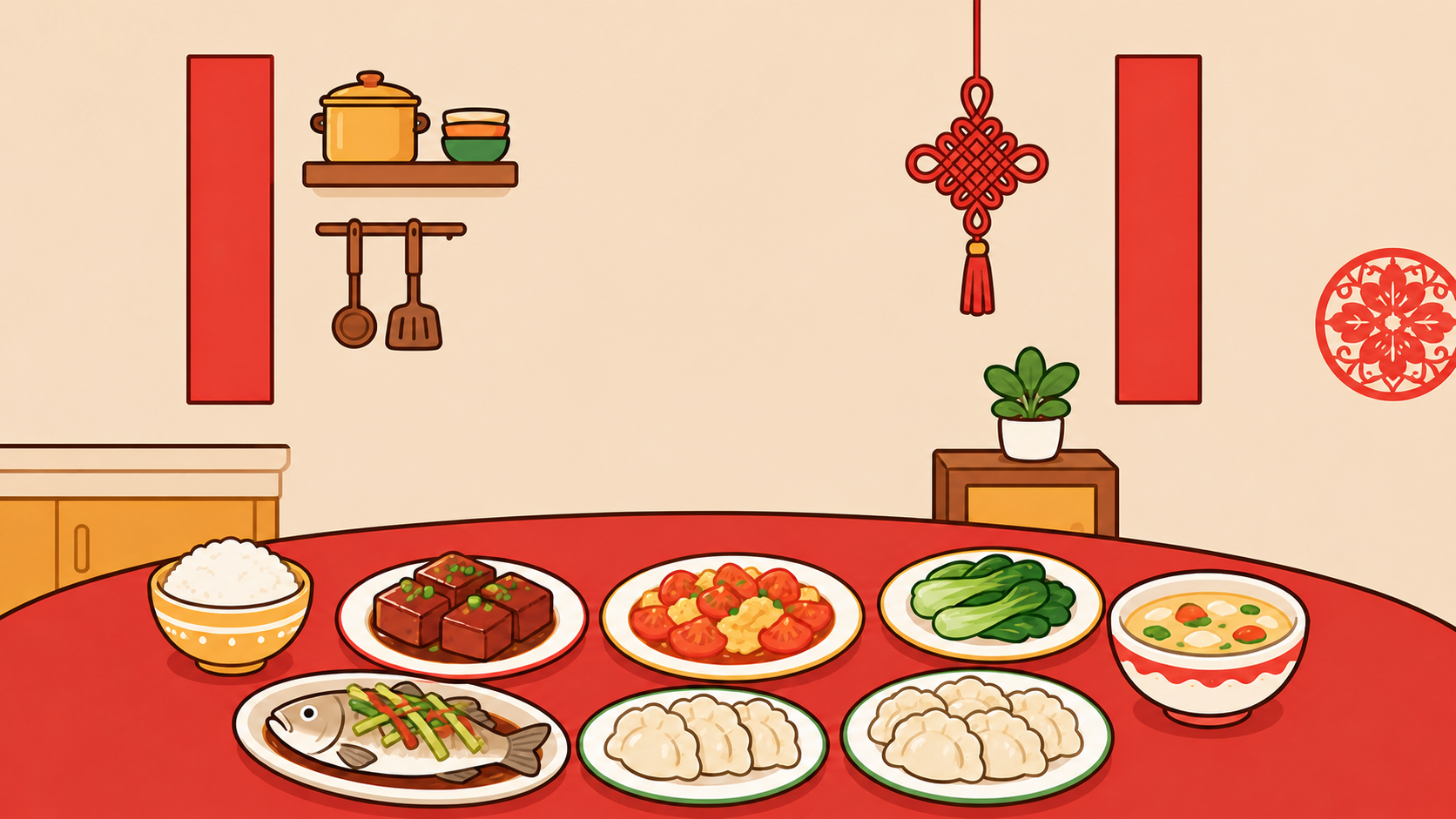 摆满卡通家常菜的中国风餐桌